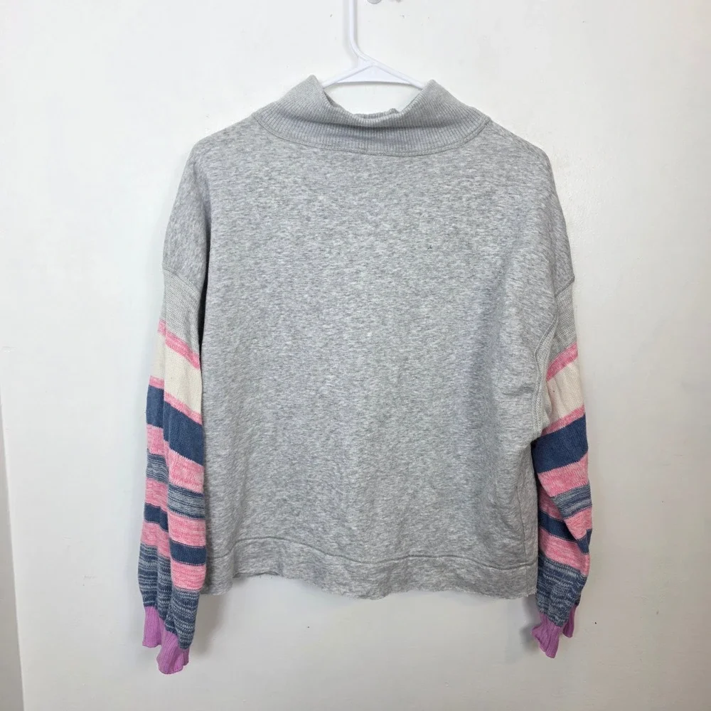 Sundance Gray Blue Pink Striped Sleeve Lounge‎ Boxy Mock Neck Comfy Sweater XS